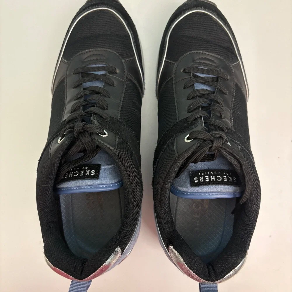 Skechers Million‎ Air Wedge Women's 10 Black Sneakers Silver Blue Accent Lace Up - Picture 3 of 8